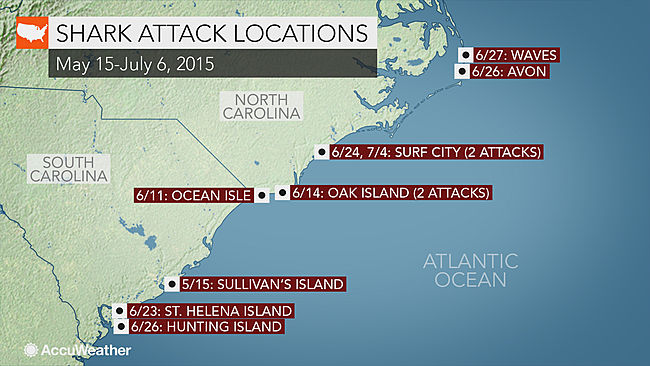 Map of NC shark attacks in 2015